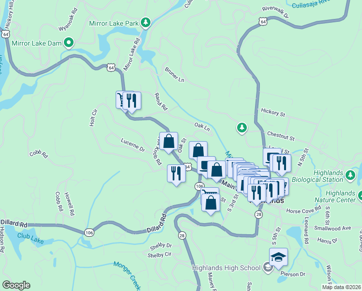 map of restaurants, bars, coffee shops, grocery stores, and more near 29 Oak Street in Highlands