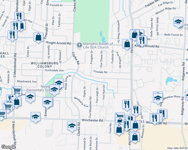 map of restaurants, bars, coffee shops, grocery stores, and more near 5730 Scottsdale Avenue in Memphis