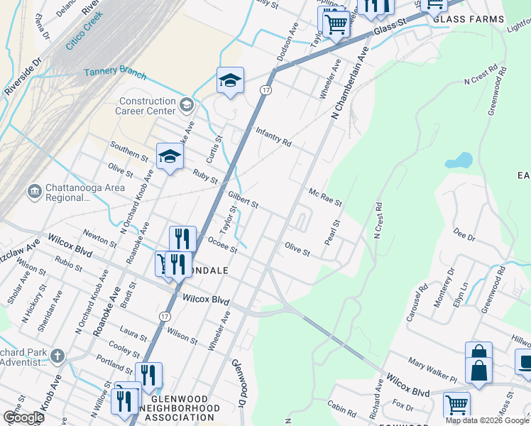 map of restaurants, bars, coffee shops, grocery stores, and more near 2322 Gilbert Street in Chattanooga
