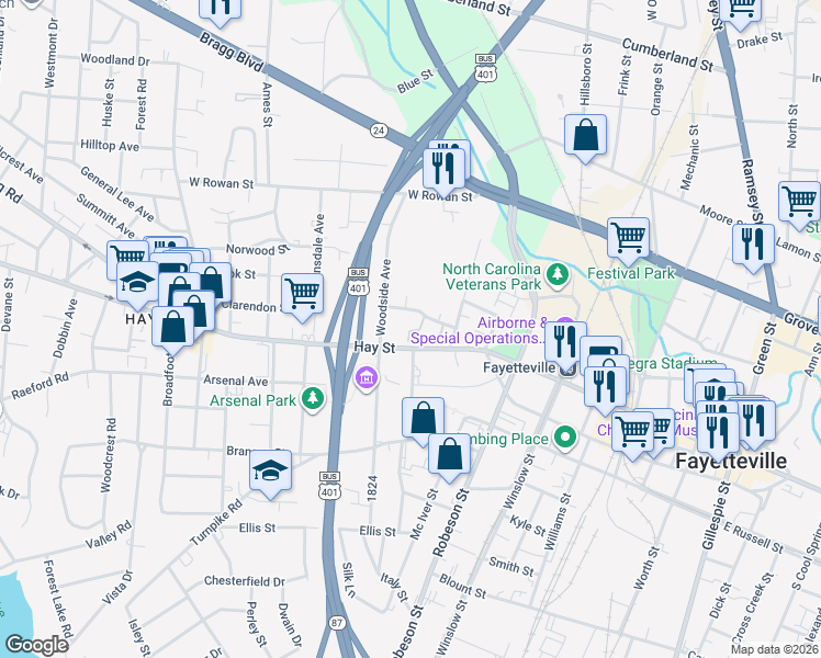 map of restaurants, bars, coffee shops, grocery stores, and more near 737 Victorian Place in Fayetteville