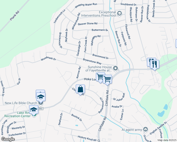 map of restaurants, bars, coffee shops, grocery stores, and more near 6837 Woodmark Drive in Fayetteville