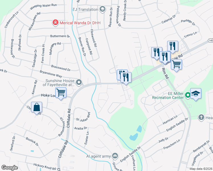 map of restaurants, bars, coffee shops, grocery stores, and more near 1000 Tyler Drive in Fayetteville