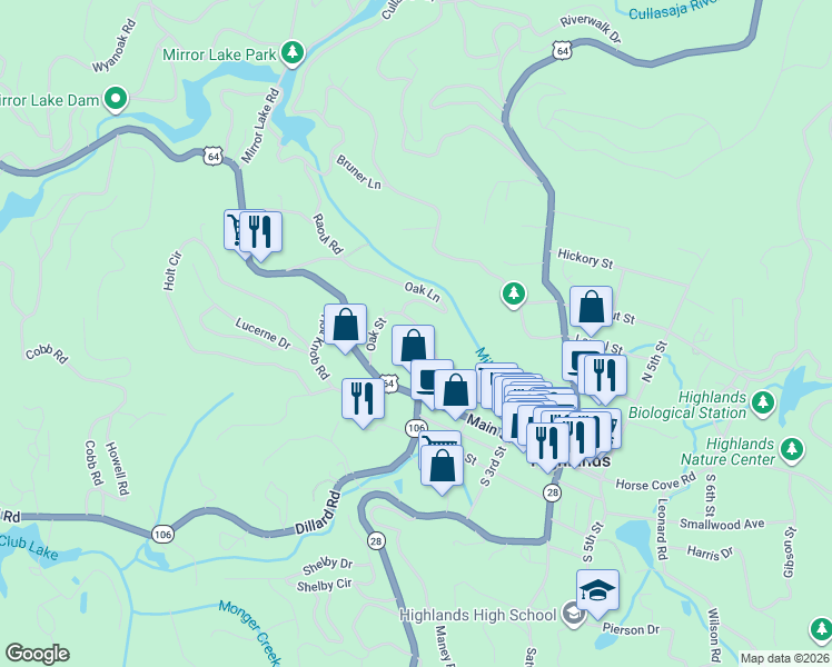 map of restaurants, bars, coffee shops, grocery stores, and more near 29-43 Oak Street in Highlands