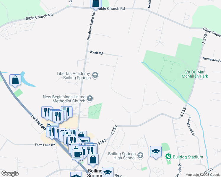 map of restaurants, bars, coffee shops, grocery stores, and more near 134 Rainbow Park Drive in Boiling Springs