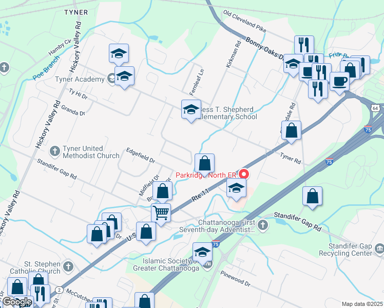 map of restaurants, bars, coffee shops, grocery stores, and more near 7138 Shepherd View Circle in Chattanooga