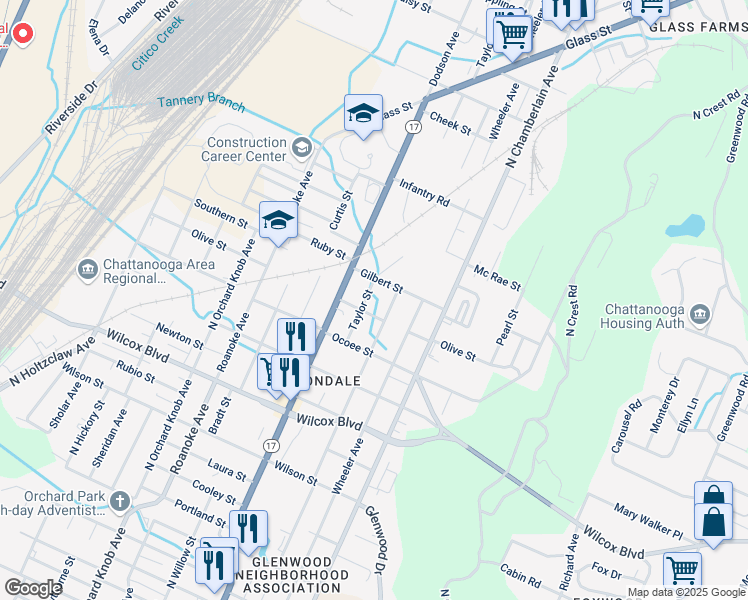 map of restaurants, bars, coffee shops, grocery stores, and more near 1808 Taylor Street in Chattanooga