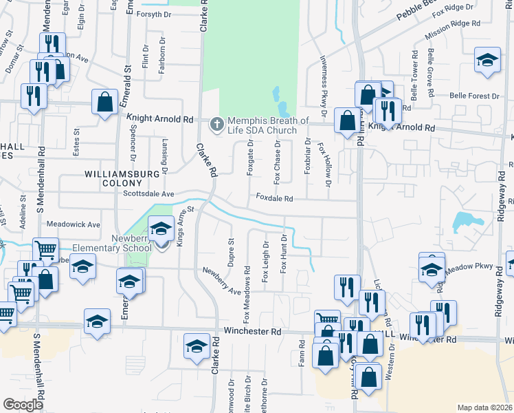 map of restaurants, bars, coffee shops, grocery stores, and more near 5730 Scottsdale Avenue in Memphis
