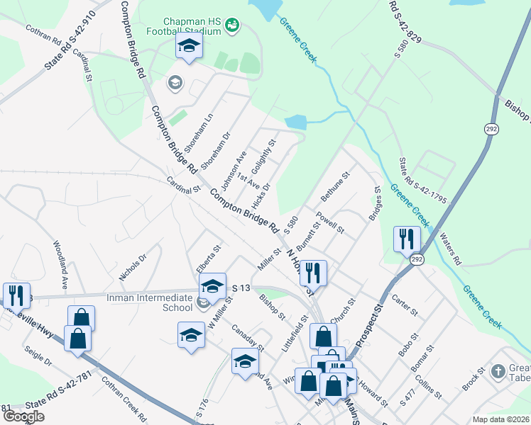 map of restaurants, bars, coffee shops, grocery stores, and more near 58 North Howard Street in Inman