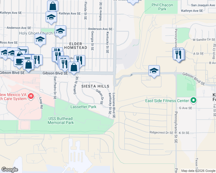 map of restaurants, bars, coffee shops, grocery stores, and more near 6412 Mitchell Avenue Southeast in Albuquerque