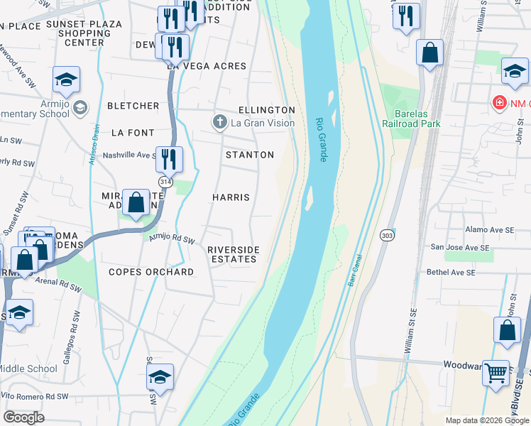 map of restaurants, bars, coffee shops, grocery stores, and more near 817 Whiting Road Southwest in Albuquerque