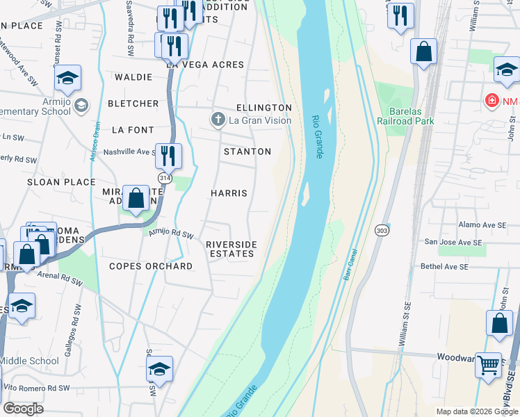 map of restaurants, bars, coffee shops, grocery stores, and more near 817 Whiting Road Southwest in Albuquerque