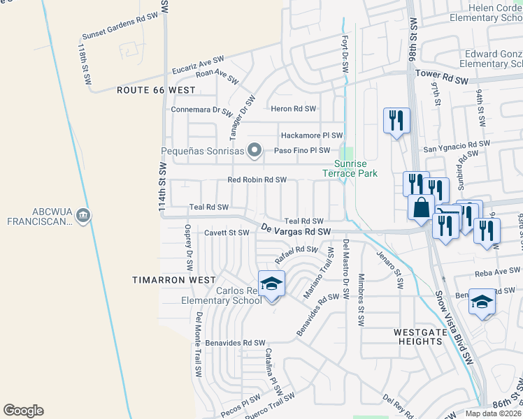 map of restaurants, bars, coffee shops, grocery stores, and more near 1008 Crane Drive Southwest in Albuquerque