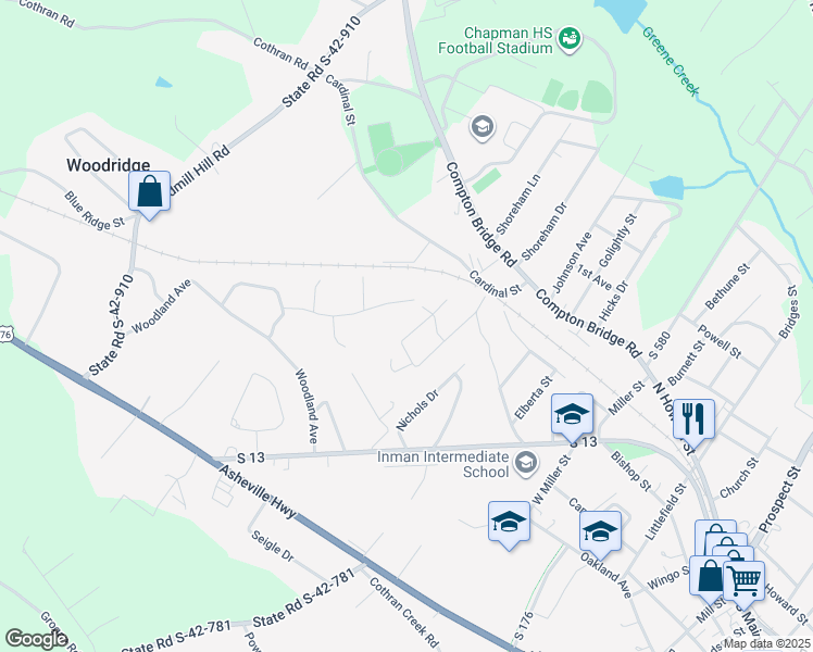 map of restaurants, bars, coffee shops, grocery stores, and more near 110 Crestview Drive in Inman