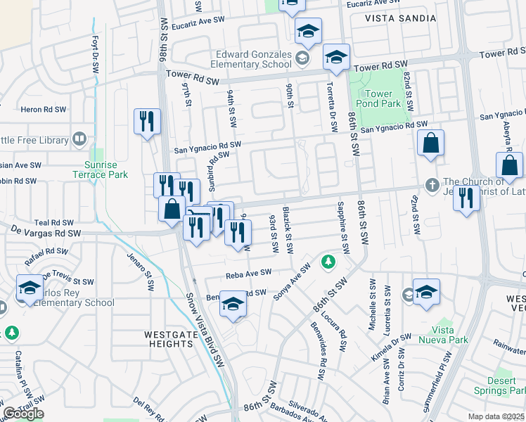 map of restaurants, bars, coffee shops, grocery stores, and more near 9215 Alvera Avenue Southwest in Albuquerque