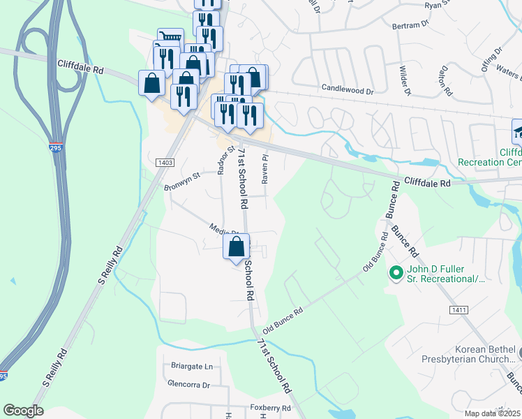 map of restaurants, bars, coffee shops, grocery stores, and more near 604 Raven Place in Fayetteville