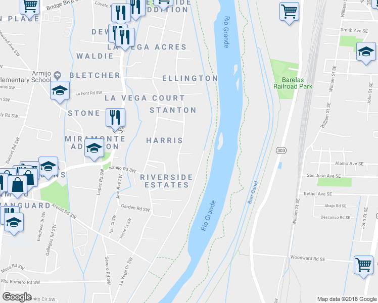 map of restaurants, bars, coffee shops, grocery stores, and more near 817 Whiting Road Southwest in Albuquerque