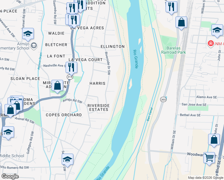 map of restaurants, bars, coffee shops, grocery stores, and more near 817 Whiting Road Southwest in Albuquerque