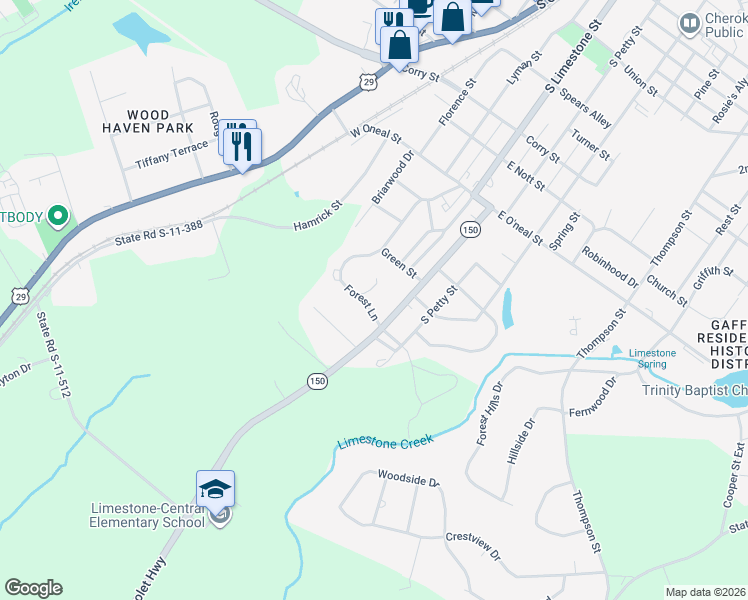 map of restaurants, bars, coffee shops, grocery stores, and more near 417 Forest Lane Drive in Gaffney