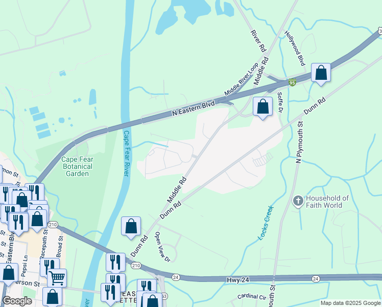 map of restaurants, bars, coffee shops, grocery stores, and more near 1905 Bluffside Drive in Fayetteville