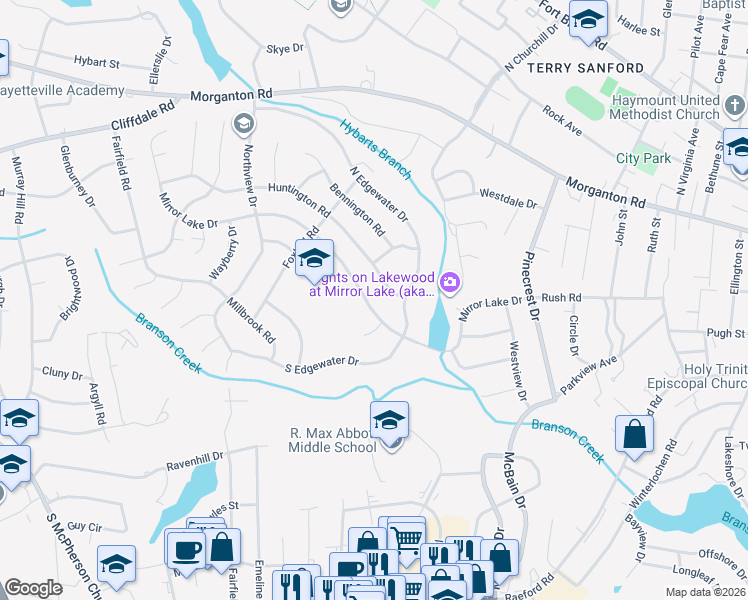 map of restaurants, bars, coffee shops, grocery stores, and more near 2518 Mirror Lake Drive in Fayetteville