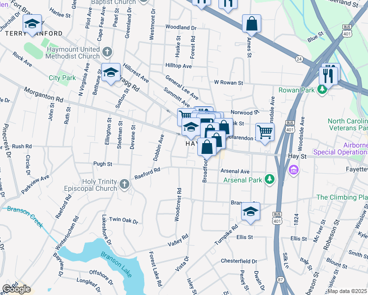 map of restaurants, bars, coffee shops, grocery stores, and more near 116 North Olive Street in Fayetteville