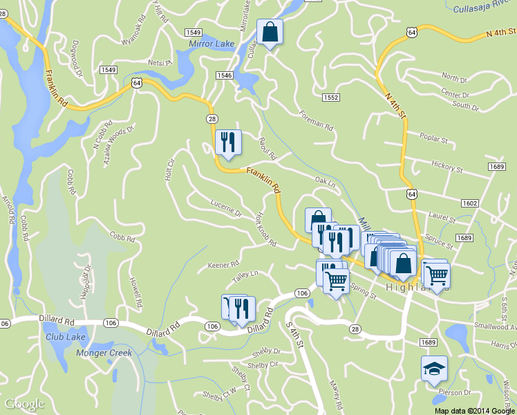 map of restaurants, bars, coffee shops, grocery stores, and more near 256 Holt Knob Road in Highlands