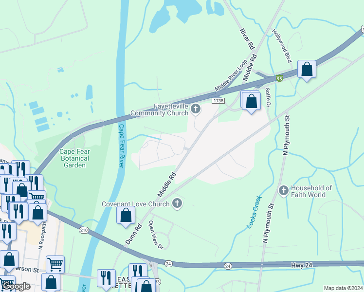map of restaurants, bars, coffee shops, grocery stores, and more near 1905 Bluffside Drive in Fayetteville