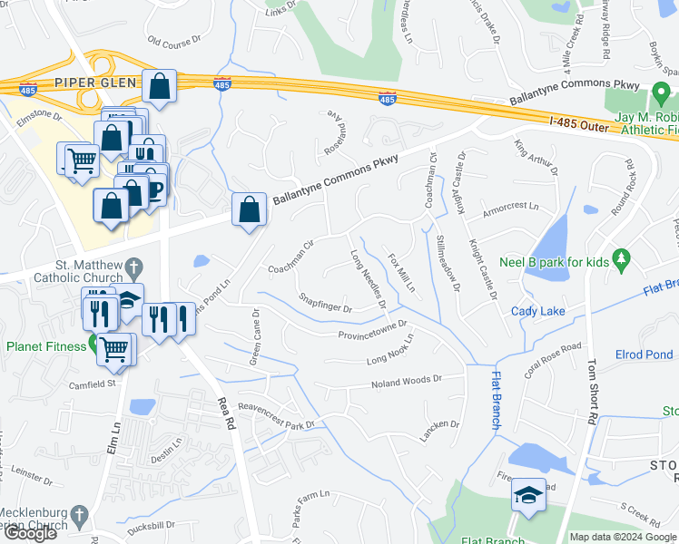 map of restaurants, bars, coffee shops, grocery stores, and more near 11219 Peppertree Lane in Charlotte