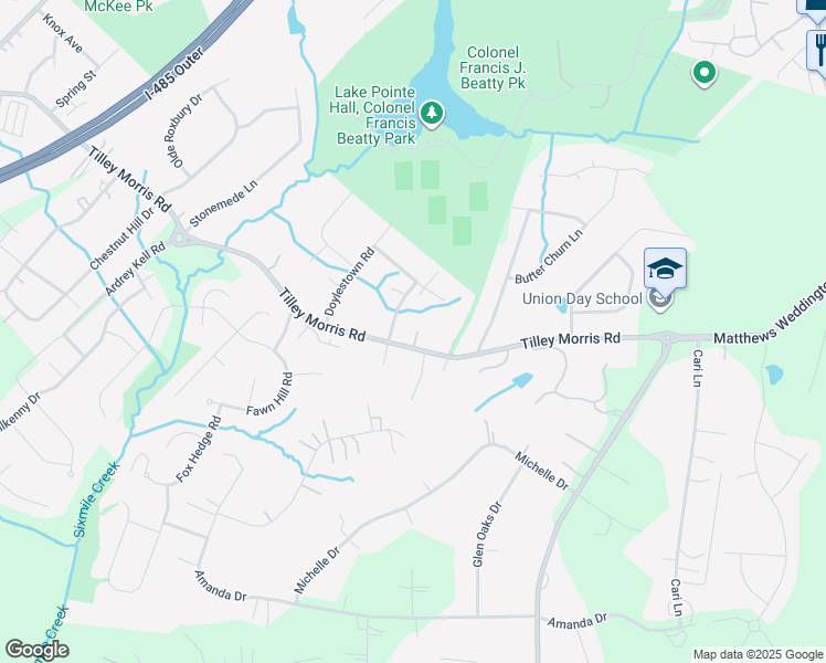 map of restaurants, bars, coffee shops, grocery stores, and more near 3330 Tilley Morris Road in Matthews