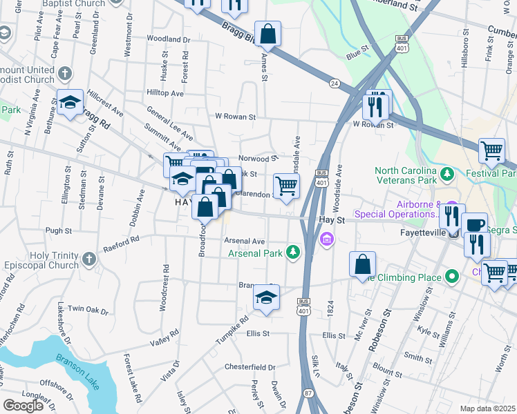 map of restaurants, bars, coffee shops, grocery stores, and more near 1006 Hay Street in Fayetteville