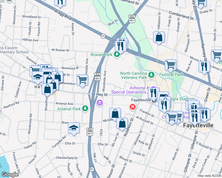 map of restaurants, bars, coffee shops, grocery stores, and more near 737 Victorian Place in Fayetteville