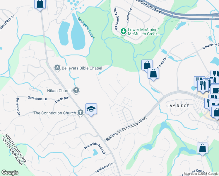 map of restaurants, bars, coffee shops, grocery stores, and more near 14032 Wolf Den Lane in Charlotte