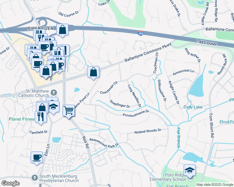 map of restaurants, bars, coffee shops, grocery stores, and more near 11238 Peppertree Lane in Charlotte