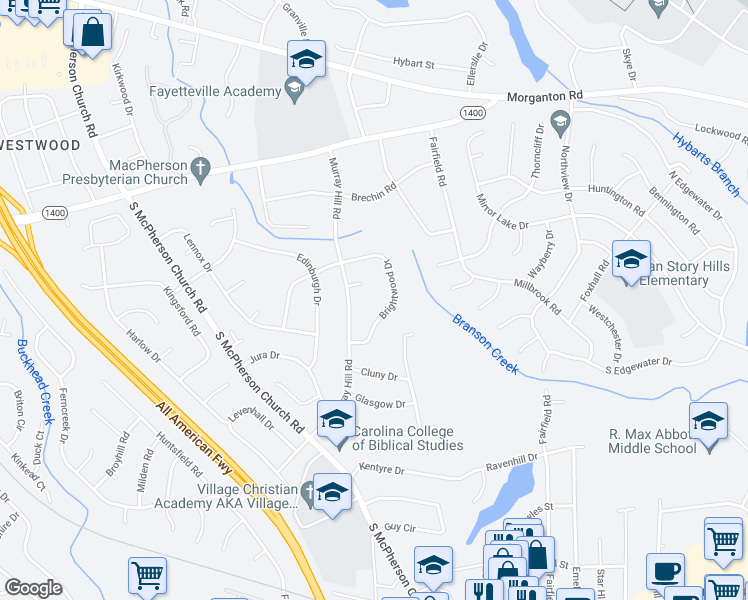 map of restaurants, bars, coffee shops, grocery stores, and more near 428 Brightwood Drive in Fayetteville