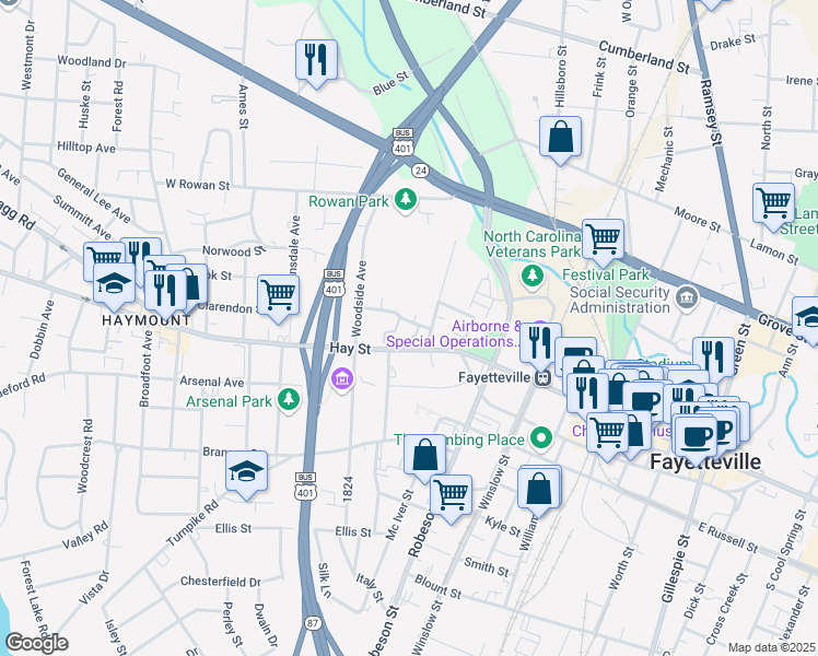 map of restaurants, bars, coffee shops, grocery stores, and more near 720 Marketview Court in Fayetteville