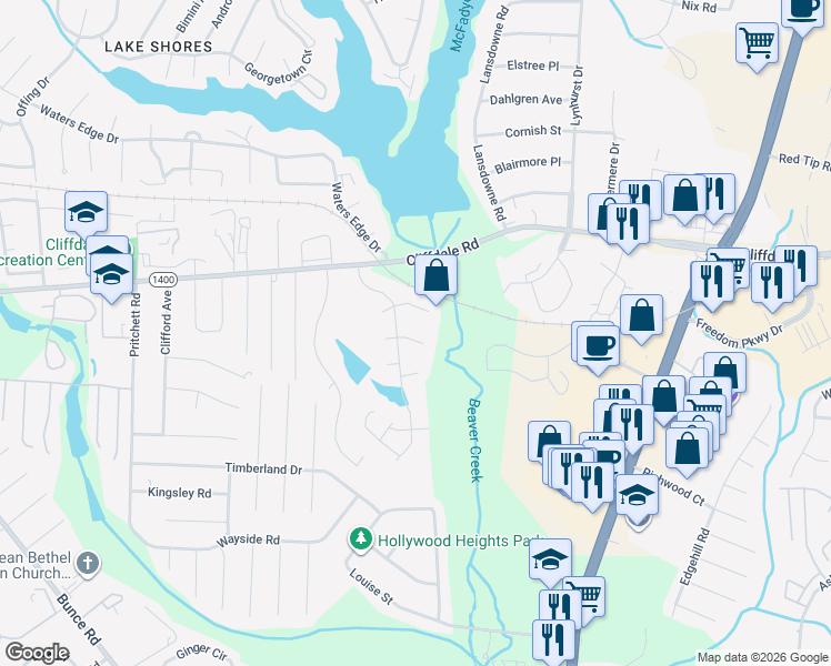 map of restaurants, bars, coffee shops, grocery stores, and more near 6781 Bavaria Place in Fayetteville