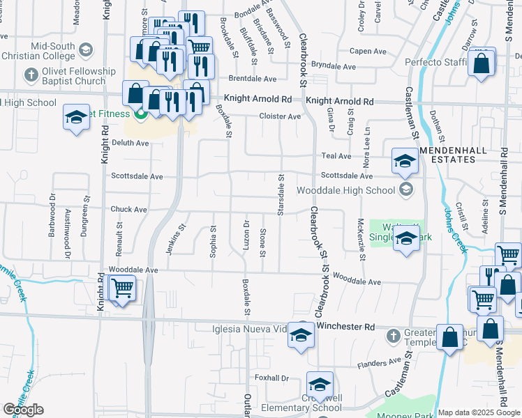 map of restaurants, bars, coffee shops, grocery stores, and more near 4880 Chuck Avenue in Memphis