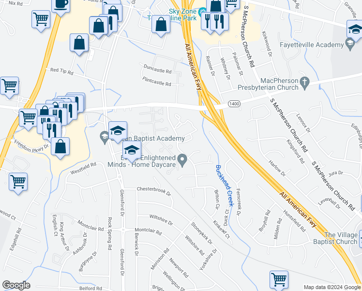 map of restaurants, bars, coffee shops, grocery stores, and more near 451 Tradewinds Drive in Fayetteville