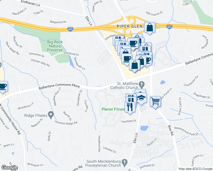 map of restaurants, bars, coffee shops, grocery stores, and more near 8420 Ballantyne Commons Parkway in Charlotte