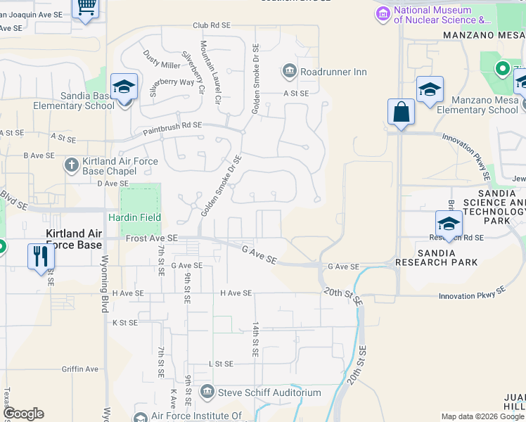 map of restaurants, bars, coffee shops, grocery stores, and more near E St SE in Albuquerque