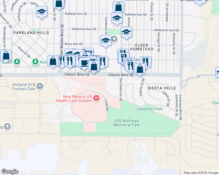 map of restaurants, bars, coffee shops, grocery stores, and more near 5600 Gibson Boulevard Southeast in Albuquerque