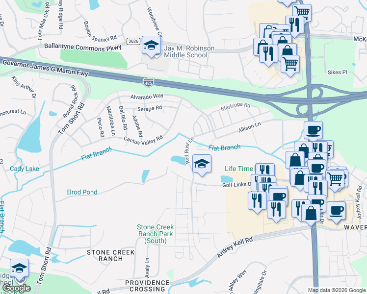 map of restaurants, bars, coffee shops, grocery stores, and more near 11911 Red Rust Lane in Charlotte
