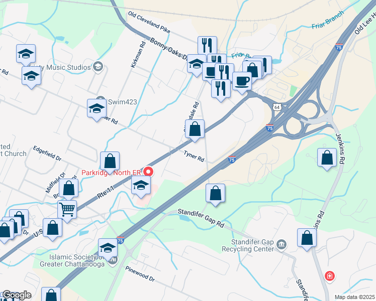map of restaurants, bars, coffee shops, grocery stores, and more near 7404 Tyner Road in Chattanooga