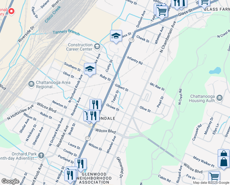 map of restaurants, bars, coffee shops, grocery stores, and more near 1808 Taylor Street in Chattanooga