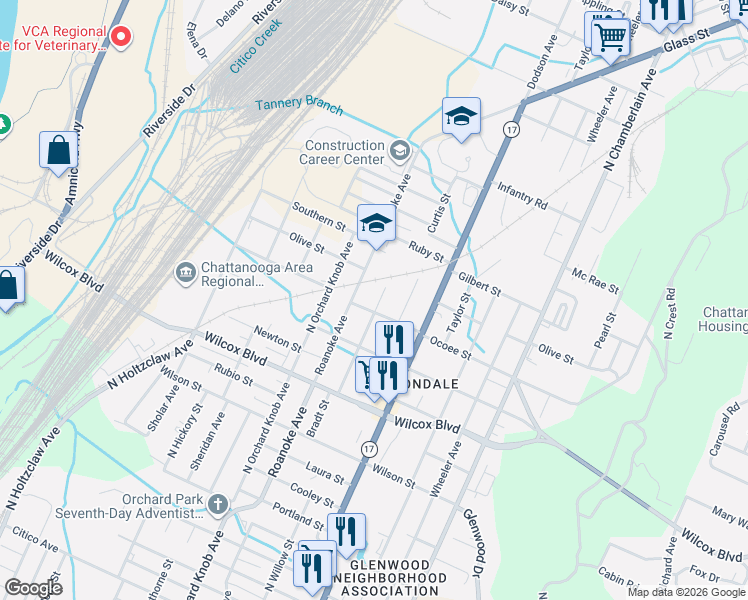 map of restaurants, bars, coffee shops, grocery stores, and more near 1701 Bradt Street in Chattanooga