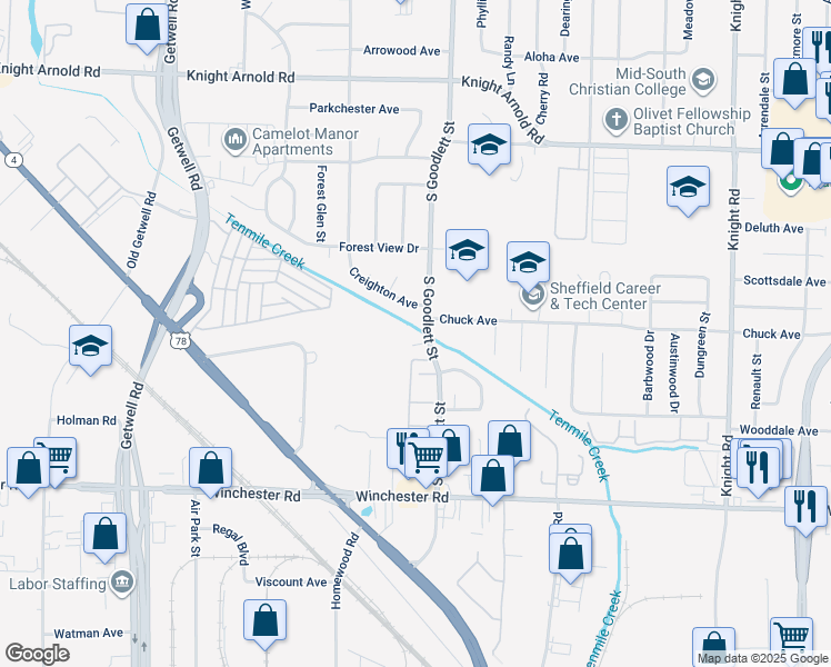 map of restaurants, bars, coffee shops, grocery stores, and more near 4184 Devel Street in Memphis