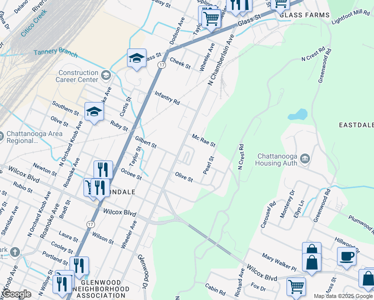 map of restaurants, bars, coffee shops, grocery stores, and more near 1929 Maple Hills Way in Chattanooga