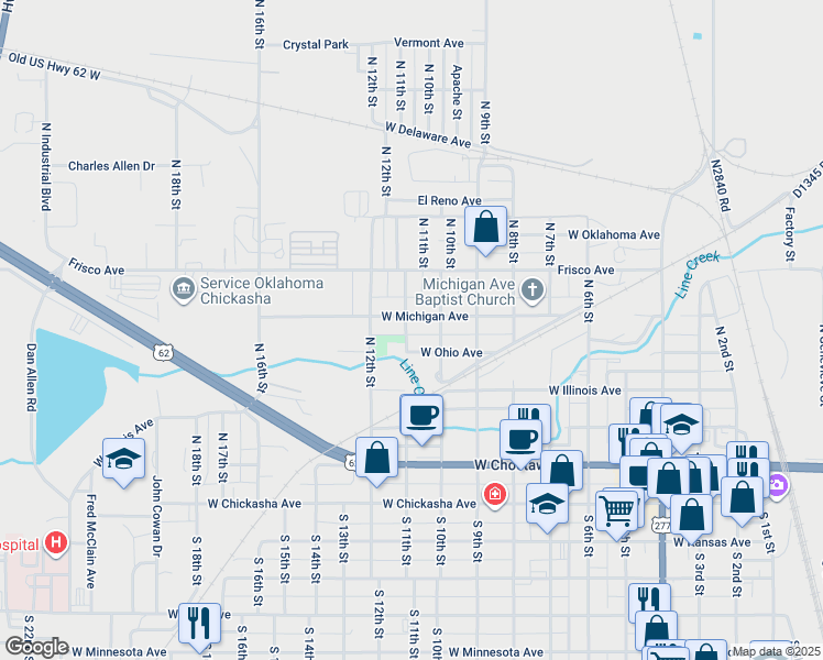 map of restaurants, bars, coffee shops, grocery stores, and more near 516 North 11th Street in Chickasha