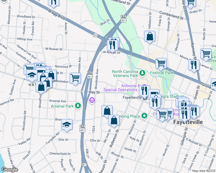 map of restaurants, bars, coffee shops, grocery stores, and more near 737 Victorian Place in Fayetteville