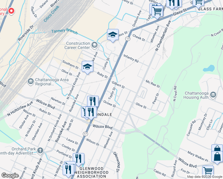 map of restaurants, bars, coffee shops, grocery stores, and more near 1808 Taylor Street in Chattanooga